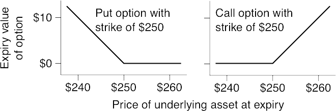 A $250 put and a $250 call: expiry values as functions of the price of the underlying